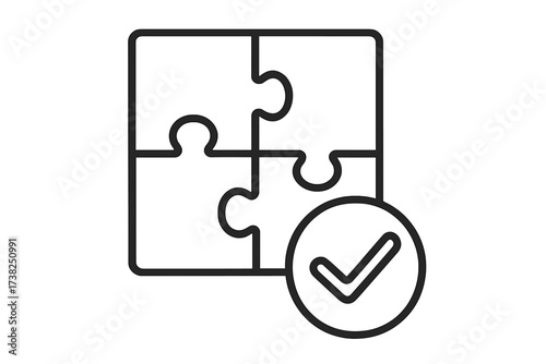 Puzzle solution icon. Check mark on completed jigsaw. Concept of teamwork, success, achievement, and problem-solving. Business strategy and integration symbol. Vector line art.