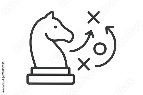 Business strategy and tactic icon with chess knight. Marketing plan, game theory, and strategic move concept. Line art vector for presentation, goal, and success.