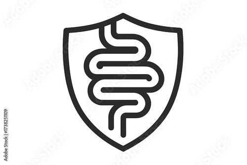 Modern outline style gut icon with shield protection symbol, medical digestive system vector illustration for design, cards, apps, social networks, transparent background set