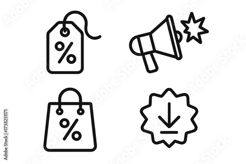 Shopping and E-commerce icon set. Linear style vector illustration. Sale, discount price tag, promotion announcement with megaphone, shopping bag and download offer badge.