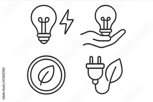Green energy and electricity linear icon set. Eco friendly power, sustainability and conservation concept. Light bulb, plug, leaf and hand symbols for renewable technology.