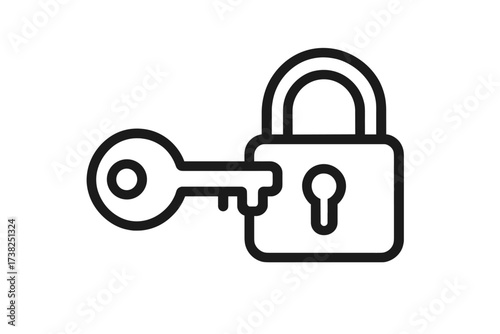 Key and lock outline icon. Concept of security, privacy, and access. Metaphor for solution and opportunity. Vector symbol for login, password and data protection.