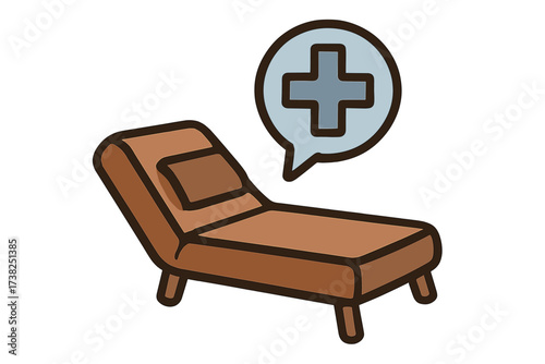 Therapist couch icon for psychology. Psychoanalysis session symbol. Mental health care concept. Psychiatry, counseling and therapy. Medical cross sign. Vector illustration.