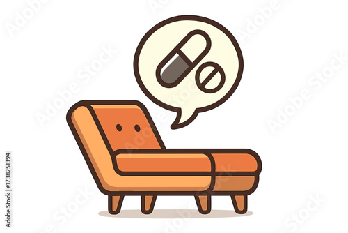 Psychotherapy session with medication concept. Psychiatrist couch and pills icon for mental health treatment. Psychology, pharmacology, and counseling vector illustration.