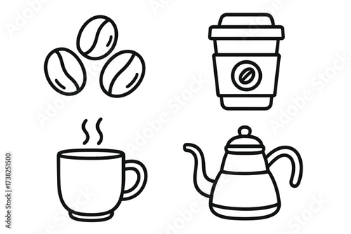 Coffee icon set line art. Vector graphic collection of coffee bean, hot drink mug, paper cup, teapot. For cafe, espresso bar, beverage concept, breakfast menu, app symbol.