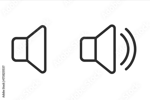 Volume control icon set. Sound on and off symbol. Mute and unmute button for user interface. Speaker, loudspeaker pictogram. Audio, music player element. Vector illustration.