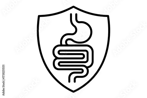 Stomach and intestines protection shield icon. Gut health, digestive system care concept. Metaphor for probiotics, microbiome balance, healthy food. Vector line art logo design.