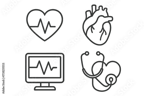 Cardiology icon set. Heartbeat line, anatomical heart, EKG monitor, and stethoscope icons. Medical and healthcare concept for cardiovascular health. Vector line art illustration.