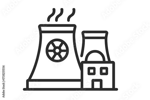 Nuclear power plant icon. Atomic energy station. Vector illustration of a nuclear reactor with cooling tower. Radioactivity symbol. Industrial electricity generation concept.