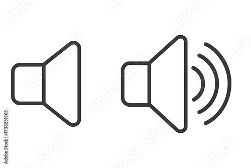 Sound volume control icon set. Speaker symbol for audio player. Mute and unmute button signs. Linear pictogram for web and mobile app interface. Audio level indicator. Simple vector.