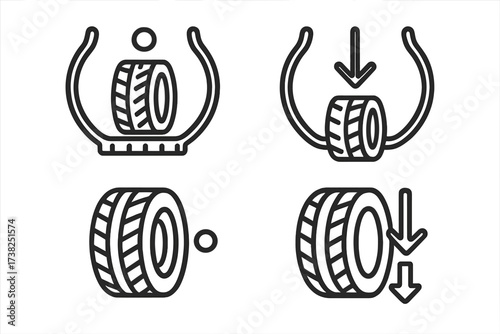 Tire pressure monitoring system icon set. Car service and maintenance symbols. Vector linear illustration of a wheel, gauge, inflation, and deflation warning signs for a dashboard.