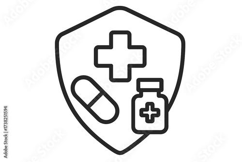 Medical protection shield icon with pill and drug bottle. Concept for health insurance, healthcare security, pharmacy, medicine, pharmaceutical care. Vector outline immunity symbol.