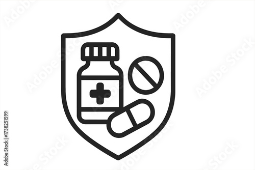 Medical insurance protection shield icon. Healthcare concept with medicine, pill, capsule. Vector for health care, pharmacy, drug safety, treatment security, and supplements.