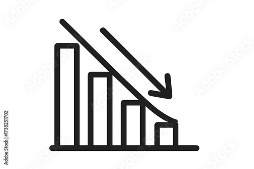 Vector graph icon. Bar chart with falling arrow. Decline, decrease, and loss concept. Business crisis, financial recession, market crash symbol. Economic downturn diagram.