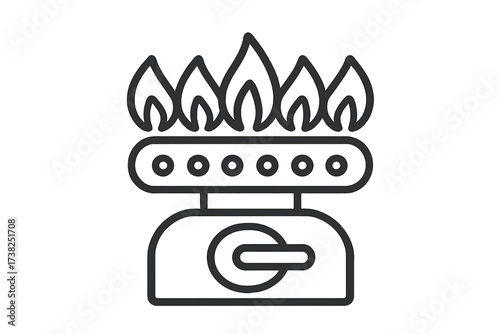 Gas stove burner icon. Portable camping stove. Kitchen cooktop with fire flame. Cooking equipment symbol. Tourist gas burner. Hiking gear. Vector line art illustration.