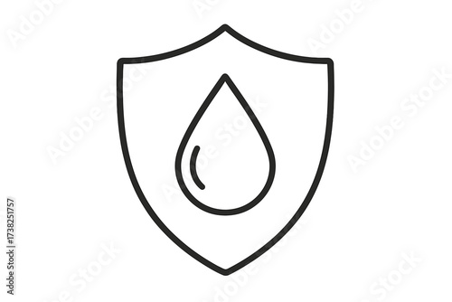 Waterproof protection icon with water drop and shield. Concept of liquid security, hydrophobic surfaces, defense and safety. Minimalistic thin line vector art for web design.
