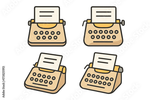 Typewriter icon set. Vintage writing machine for author, journalist or content creation. Retro typing concept for storytelling. Vector cartoon illustration for web design, apps.