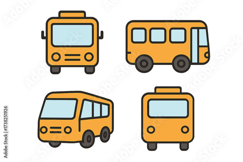 School bus icon set. Public transport vehicle pictogram from front and side view. Shuttle collection for travel, tour, commute. Web design element, app graphic symbol.