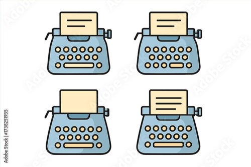 Vintage typewriter vector icon set. Retro writer machine for author, journalist, or creative content. Old technology illustration concept for storytelling, screenplay, or nostalgia.