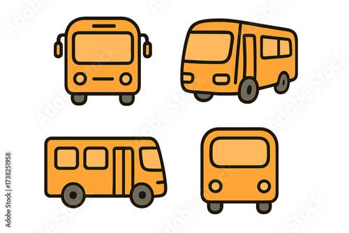 Set of bus icons. Public transport symbol collection. School bus pictogram pack. Vector illustration for web, app, travel design. Orange vehicle, front and side view. Cartoon.