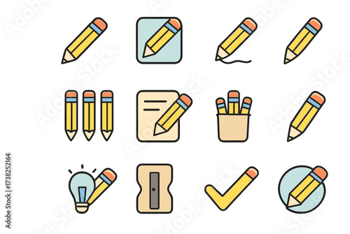 Pencil color icon set. Vector symbols for writing, drawing, edit, and creative ideas. School and office supply pictograms for graphic design, apps, and web. Education concept.