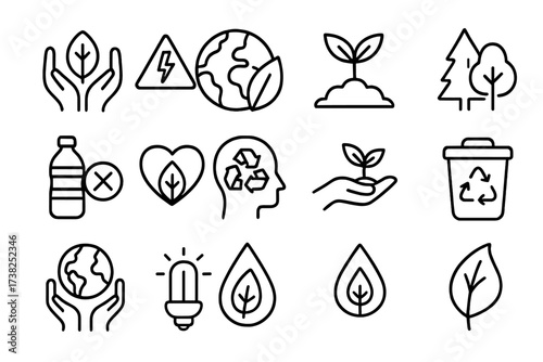 Ecology line icon set. Environment, renewable energy, recycling, and sustainability concept. Eco friendly, go green, nature conservation, and planet care vector symbols.