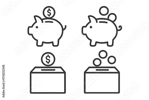 Piggy bank and savings box line icon set. Money saving, donation concept. Financial investment, economy, banking vector illustration. Dollar coin, cash symbols for wealth.