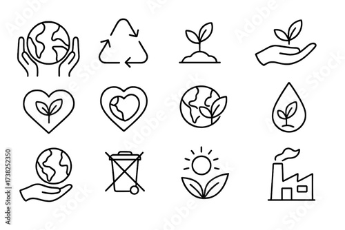 Ecology and environment line icon set. Recycle, sustainability, green energy. Earth day, planet care, nature conservation symbols. Eco friendly vector illustration collection.