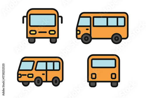 Set of orange bus icons in filled color style. Minimalistic vector pictograms showing front, side, and back views for graphic design, apps, web, banners, and social media cards.