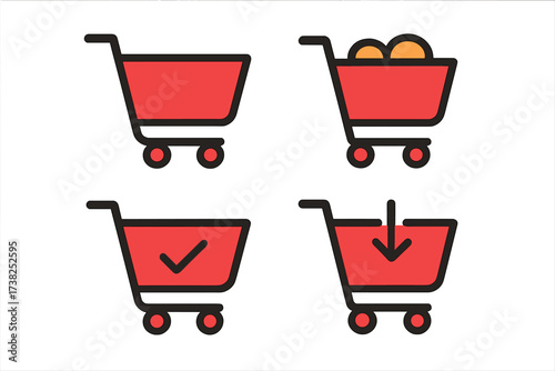 Shopping cart vector icon set. E-commerce symbols for online store UI. Includes add to cart, checkout, full basket, and buy pictograms. Minimalist linear design element.