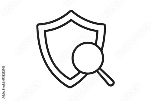 Security check icon with shield and magnifying glass. Data protection, antivirus scan, and privacy concept. Vector outline symbol for safety, audit, and analysis.