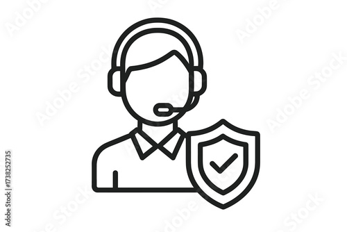 Customer support agent with headset and shield icon. Concept for secured service, technical assistance, and reliable helpdesk. Verified protection and guaranteed safety symbol.