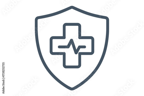 Medical insurance shield icon with health cross and heartbeat pulse. Vector symbol for healthcare protection, safety, life insurance, cardiology, hospital, pharmacy, and clinic.