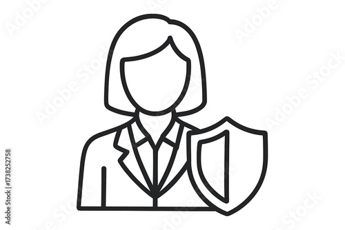 Businesswoman with shield icon. Metaphor for protection, safety, and security. Employee insurance and user data privacy concept. Vector line art symbol for web and apps.