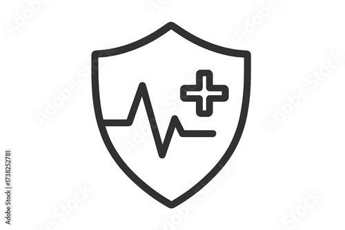 Medical protection shield icon with heart pulse and cross. Health insurance, security, and cardiology concept. Minimalist line vector symbol for healthcare and web design.