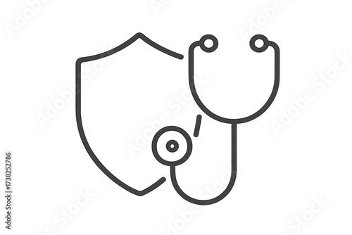 Health insurance concept with stethoscope and shield. Medical protection, healthcare security. Doctor, medicine, clinic, hospital logo. Patient safety symbol. Vector line icon.