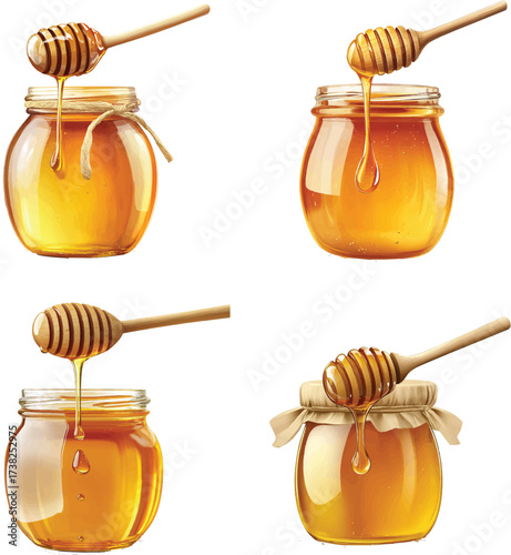 a jar of honey with a wooden spoon dripping, in the style of illustration, on a white background with no shadow, high resolution