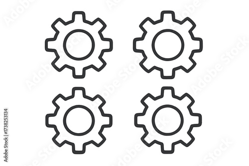 Gear icon set. Cogwheel collection. Settings symbol. Concept of mechanics, engineering, process, progress, industry, and teamwork. Simple machine element. Line vector illustration.