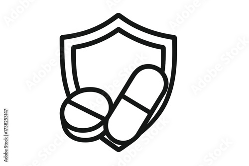 Medical protection shield with pills and capsule icon. Health insurance, pharmacy and medicine concept. Immune system support with vitamins, drugs and supplements vector logo.