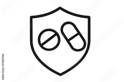 Medical protection shield with pills and capsules. Health insurance, pharmacy, and drug safety concept. Immune system defense symbol. Vector icon for medicine, and healthcare.