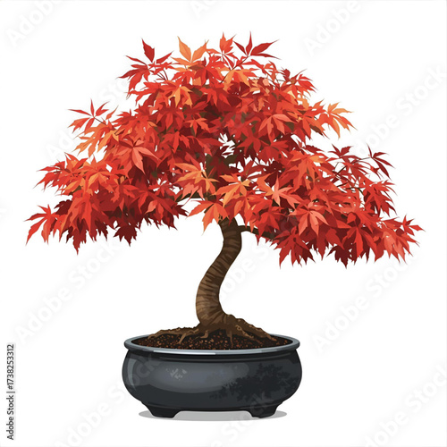 Vibrant red maple bonsai tree in a dark pot, symbolizing autumn beauty and tranquility.