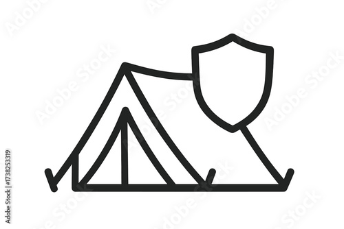 Tent and shield line icon for safety, security, protection. Vector symbol for camping, travel insurance, safe shelter, outdoor adventure, refuge. Minimal design for web, app.