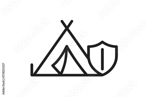 Tent and shield icon. Concept of protection, security, safety. Metaphor for insurance, safe travel, secure camping. Protected shelter, refugee camp safety, base defense vector.
