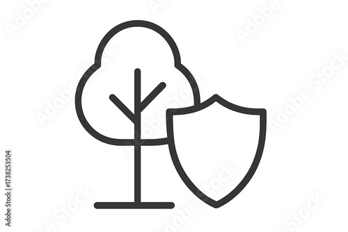 Minimalistic Tree and Shield Icon, Protection Symbol, Linear Outline Pictogram for Web, Apps, Banners, Social Media, Nature Conservation, Safety, Vector Cartoon Illustration