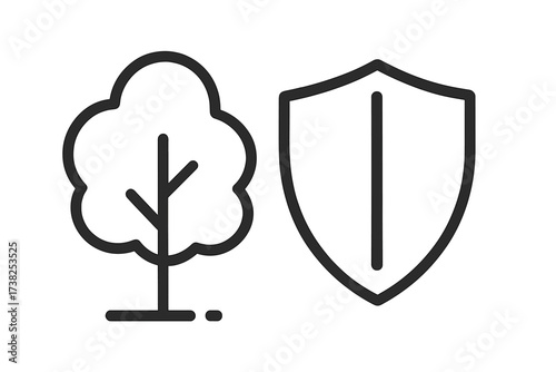 Modern tree next to shield icon, outline style vector illustration for design, cards, apps, social networks, protection concept, nature symbol, transparent background