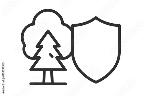 Tree and Shield Outline Icon, Forest Protection Concept, Linear Vector Illustration for Environmental Safety, Nature Conservation, Eco Shield Design for Web, Apps, and Advertisements
