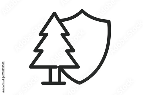 Protective shield and pine tree outline icon, nature conservation and forest protection symbol, eco-friendly environment vector illustration for sustainable design, safety and security concept