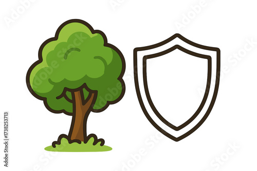 Cartoon tree forest with shield outline symbol for graphic design, apps, adverts, various cards, nature protection, eco security concept, green environment illustration