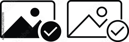 Gallery edit icon set in flat and outline styles. Photo approve image vectors illustration. Picture editing symbol graphic design for media interface and mobile app isolated on transparent background.