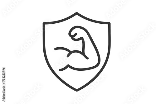 Strong arm muscle shield icon, minimalistic thin outline biceps symbol, fitness strength protection emblem for web, apps, banners, social media, vector cartoon illustration